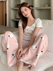 DAZY 可爱动物图案加厚法兰绒宽松蓬松裤，秋冬皆宜，舒适保暖 - 粉色 - 查看 5