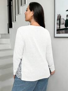 SHEIN Essnce Plus Size Women's Autumn And Winter Brushed Round Neck Lace Patchwork White Long Sleeve T-Shirt,Fall Clothes,Winter Tops,Warm Tops,Fall Women Outfits,Fall Shirts,Long Sleeves Woman,Curv Tops,Cruise Women Outfits,Work Tops,Teacher Clothes