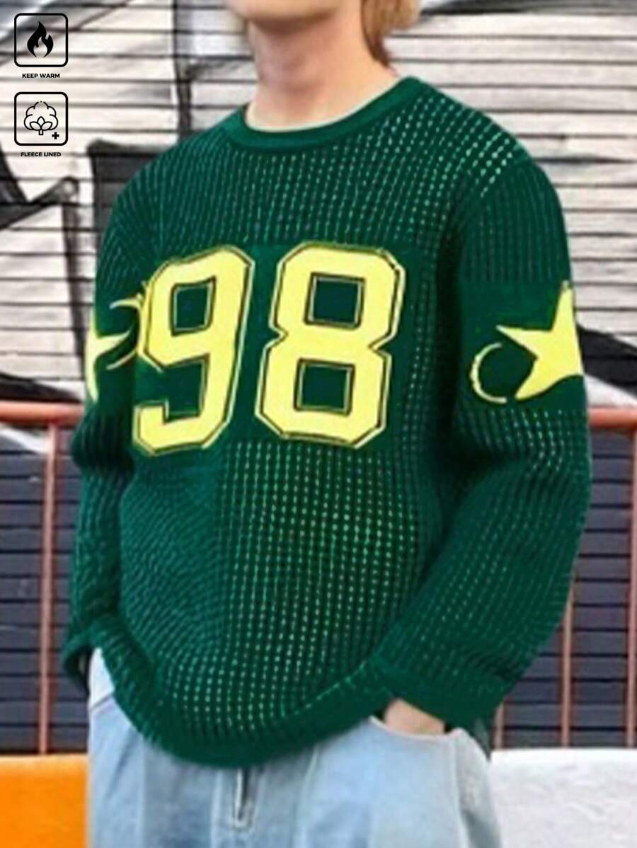 Manfinity Homme 男士休闲圆领长袖五角星印花毛衣，秋冬 - 綠色 - 查看 1
