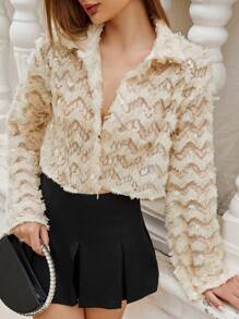 Chiquease 复古优雅喇叭袖网眼亮片 3D 网眼刺绣女式上衣夹克外套 - 米色 - 查看 5