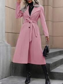 SHEIN Clasi Women's Solid Color Belted Long Sleeve Lapel Overcoat