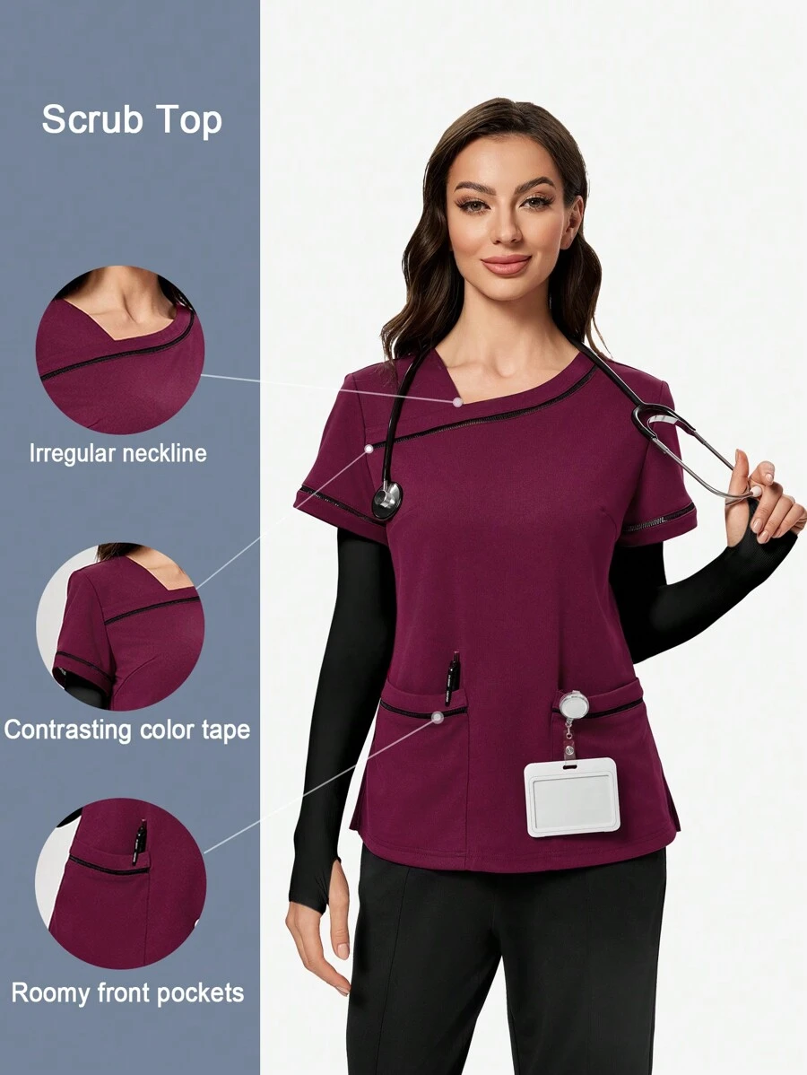 TaskEZ 1 件女士不对称领短袖护理服手术服制服上衣 - 紫色 - 查看 1