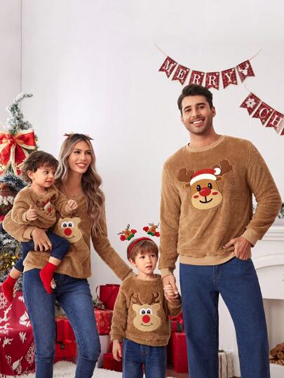 Manfinity VCAY メンズ ルーズクルーネック 長袖 フワフワニットスウェットシャツ、秋冬、クリスマス、ファミリー/カップルコーデ、デイリー使いに適しています