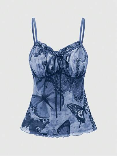 Fairycore Débardeur de mode avec nœud à l'avant, volants et imprimé papillon pour femmes