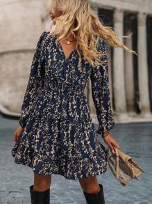 SHEIN LUNE Women's Ditsy Floral Lantern Sleeve Drawstring Waist Casual Dress, Suitable For Vacation Fall Cloth For Women