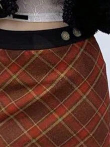 INAWLY Women's Solid Color Patchwork Button Decor Casual A-Line Skirt - Red - View 3