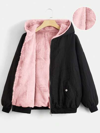 SHEIN CURVE+ Plus Size Contrast Color Hooded Fuzzy Lining Zip Up Long Sleeve Jacket For Winter Fall Autumn