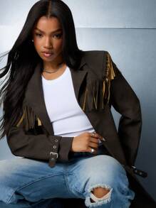 SUMWON WOMEN Suede Fringe Western Trench Coat Fall Winter Designer Statement Outerwear Buckle Details Long Coat - Black - View 3