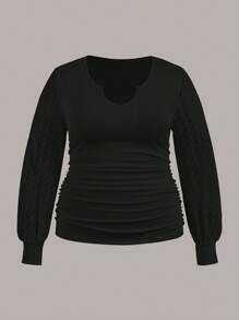 Slaydiva Plus Size Women Solid Color Notched Collar Mesh Contrast Ruffle Fitted Long Sleeve T-Shirt, Spring & Autumn