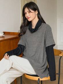 DAZY Women's Casual Color Block Drop Shoulder T-Shirt, Autumn/Winter Long Sleeve Women Tops,Fall Women Clothes Turtleneck Women - Dark Grey - View 7