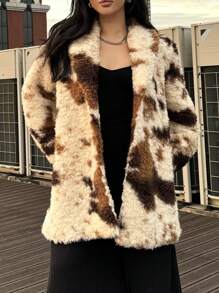 Calvaya Plus Size Fluffy Long Sleeve Mid-Length Coat With Sheep Pattern - Multicolor - View 5