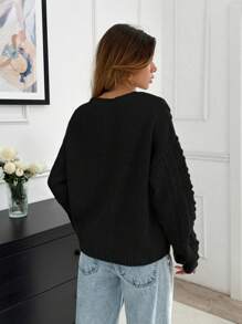 EURMUSE Women's Asymmetric And Pon Pon Knit Pattern Detailed Sweater - Black - View 5