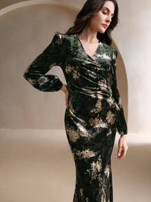 Anewsta V-Neck Wrap Allover Print Elegant Long Sleeve Dress For Holiday Party Clothes Maxi Velvet Women Outfit - Black - View 4