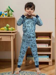 Young Boy Snug Fit Pajama Set, Blue Dinosaur Print Long Sleeve Top And Pants, Casual And Fashionable - Blue - View 1