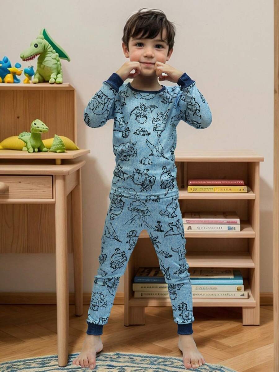 Young Boy Snug Fit Pajama Set, Blue Dinosaur Print Long Sleeve Top And Pants, Casual And Fashionable - Blue - View 1
