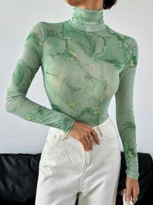 SHEIN Essnce 女士立领长袖花卉印花休闲紧身衣，合身 - 綠色 - 查看 3