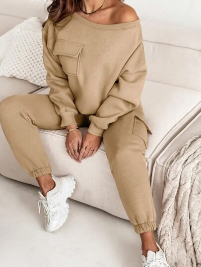 2pcs Plus Size Set, Minimalist Fashion Long Sleeve Top With Pockets And Sweatpants