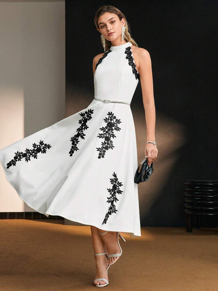 MOTF Soiréza CONTRAST GUIPURE LACE APPLIQUES HALTER NECK FLARE HEM COCKTAIL DRESS WITHOUT BELT