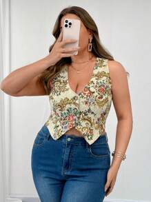 SHEIN Unity Plus Size Elegant Jacquard V-Neck Button Regular Sleeveless Fitted Women Tank Top - Khaki - View 1