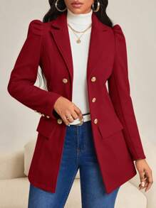 SHEIN Lady 秋冬复古音乐会/音乐节朴素工作办公室休闲优雅波西米亚风休闲郊游棕色编织翻领羊腿袖金色纽扣新品合身长袖女式大衣 - 酒紅色 - 查看 8