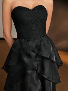MOTF PREMIUM ORGANZA LACE BODICE LAYERED RUFFLE HEM TUBE COCKTAIL DRESS WITHOUT BELT AND ARM SLEEVES - Black - View 3
