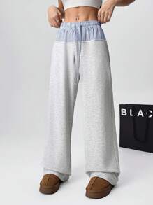 Muchica 女士条纹印花抽绳口袋休闲宽松长裤 - 灰色 - 查看 3