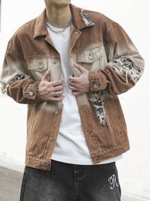 Manfinity Roghcode Plus Size Men Casual Distressed Gradient Camouflage Patchwork Denim Jacket, For Party - Brown - View 4