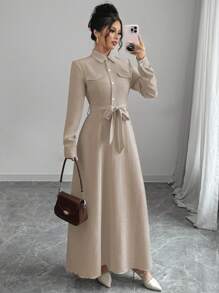 Elenzga 女士纯色衬衫领前扣 A 字长袖休闲连衣裙