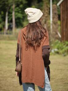LanaWest Women Hooded Contrast Color Split Hem Casual Pullover Sweater, Long Sleeve