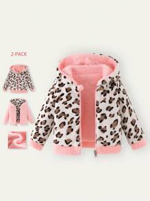 SHEIN 女婴 2-4 岁厚保暖内衬双面连帽豹纹夹克，适合日常可爱百搭秋冬装