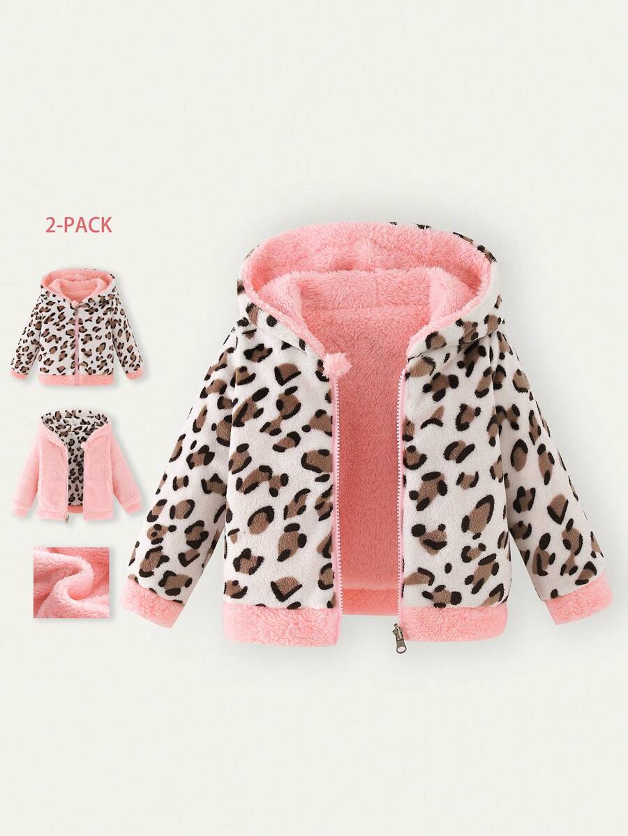 SHEIN 女婴 2-4 岁厚保暖内衬双面连帽豹纹夹克，适合日常可爱百搭秋冬装