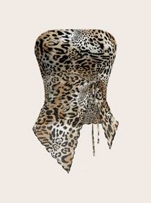 SHEIN ICON Y2K 豹纹网眼抽绳不对称下摆抹胸上衣
