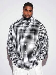 Manfinity VCAY 大码男式宽松黑白格纹街头时尚都市长袖编织衬衫 - 彩色 - 查看 3