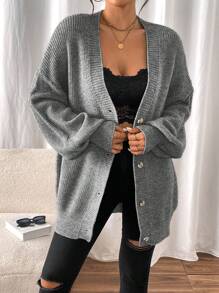 Chiquease Damen Lässiges Top mit Knopfleiste und Langarm, minimalistisches Design für den Alltag - Grau - Übersicht 5