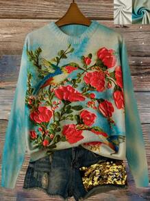 Plus Size Women Digital Floral Print Fashionable Casual Crew Neck Pullover Sweater, Autumn/Winter Knit Pullover Fall Outfit