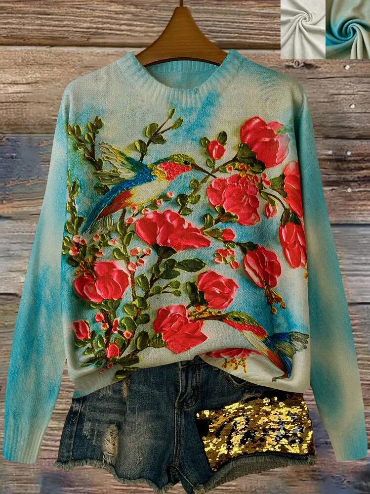 大码女式碎花图案时尚休闲圆领套头毛衣，秋冬针织套头衫 - 彩色 - 查看 1