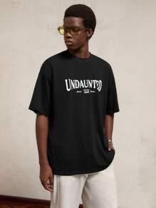 AKNOTIC Business Casual Men Loose Fit Drop Shoulder Letter Print Short Sleeve Urban Cotton Casual T-Shirt, Suitable For Summer, Old Money, Boyfriend Gift