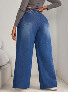 SHEIN SXY Quần Jeans Ống Rộng Lưng Cao Co Giãn Cho Nữ Size Lớn, Thiết Kế Chia Khe Làm Thon Gọn - Màu xanh lam - Xem 3