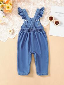 Baby Girls Casual Letter Print Washed Blue Denim Jumpsuit With Frayed Shoulder Straps, All-Match Style, Autumn/Winter 2024 New Arrival - Blue - View 2