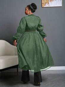 Slaydiva Plus Size Elegant Bubble Sleeve Waist Cinched Wide Swing A-Line Zipper Front Autumn Dress - Army Green - View 2
