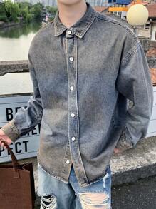 Manfinity Hypemode Men's Washed Navy Loose Fit Drop Shoulder Distressed Designer Button Up Long Sleeve Denim Shirt, For Party, Friends