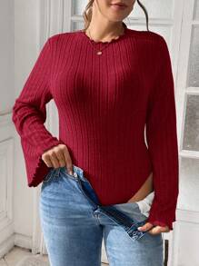 SHEIN Essnce Plus Size Women's Fall Long Sleeve Bodysuit Fall Women Winter Rib Knit Bodysuit - Burgundy - View 7