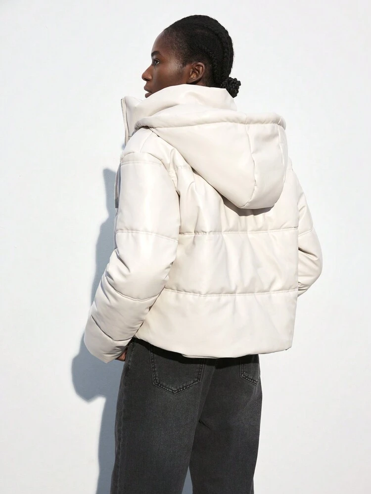 SHEIN Maija Women's White Casual Urban Versatile Solid Color Zip Up Hooded Padded Coat For Winter