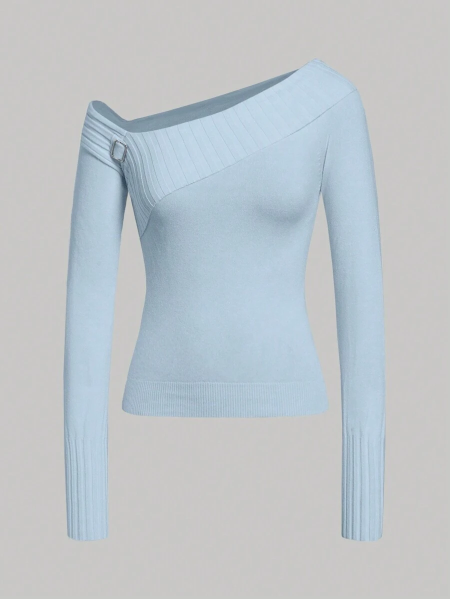 SHEIN EZwear 女士优雅纯色不对称领口扣饰修身套头衫 - 淺藍色 - 查看 1