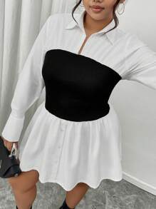 SHEIN Frenchy Plus Size Black & White Patchwork A-Line Dress, Fashionable Item For Autumn/Winter, Can Be Paired With Long Coats