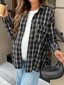 SHEIN Maternity Front Button Long Sleeve Pocket Simple Plaid Casual Jacket - Black - View 4
