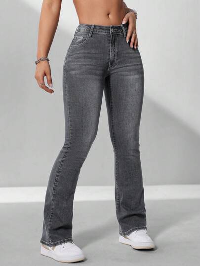 SHEIN ICON Women's Casual Distressed Low Waist Slim Fit Flare Leg Jeans