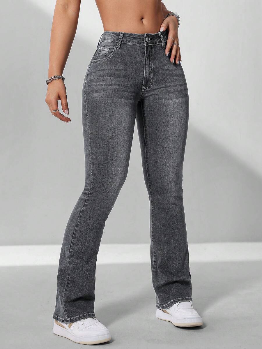 SHEIN ICON Women's Casual Distressed Low Waist Slim Fit Flare Leg Jeans - Black - View 1