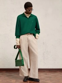 AKNOTIC Business Casual Áo thun polo dệt kim dáng rộng, vai trễ, thêu chữ dành cho nam, dáng thường ngày cho mùa thu, dịp Giáng sinh - Màu xanh lá cây đậm - Xem 2