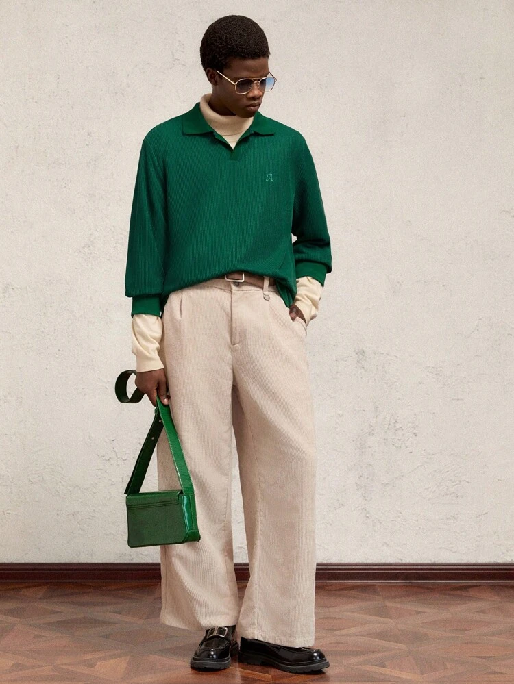 Men's Loose Knitted Dropped Shoulder Letter Embroidery Polo Shirt, Casual Fit For Autumn, For Christmas